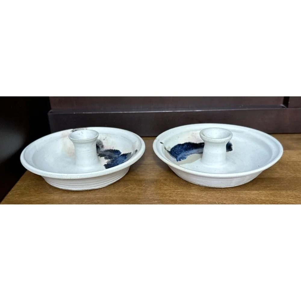Candle Holder Studio Art Handmade Pottery White Cobalt Pair (2) 6